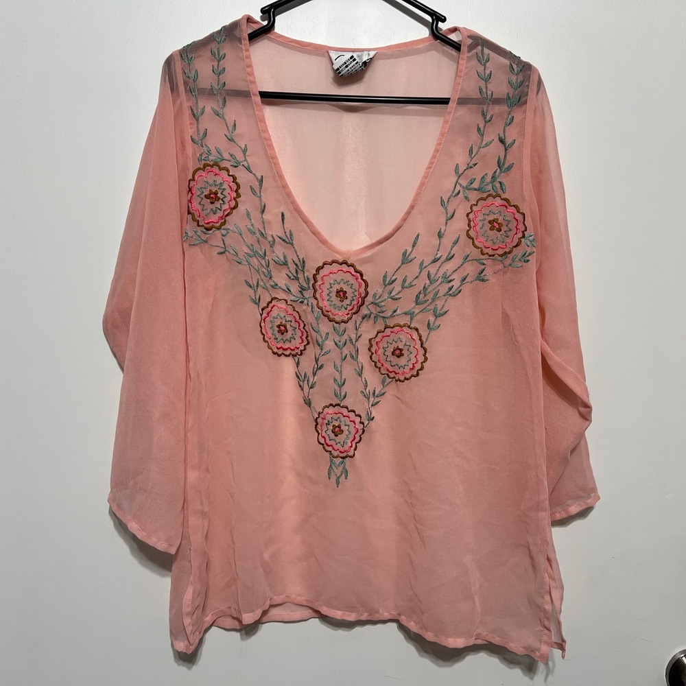 Vintage Chañna Pink Sheer Embroidered V-Neck Top One Size Festival Ethereal